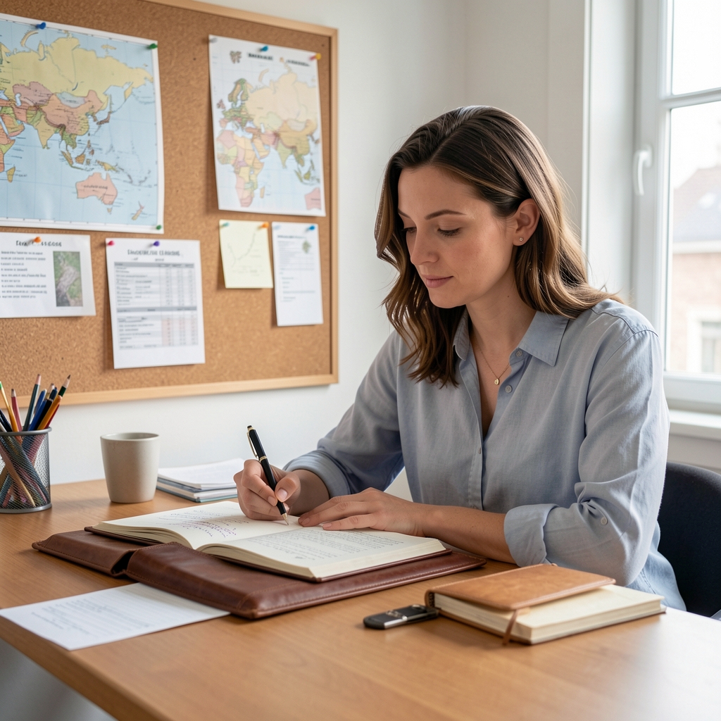 Nutrition professional writing detailed formulation notes in a leather-bound journal at a well-lit Brussels studio desk with ingredient sourcing maps pinned to a cork board in the background