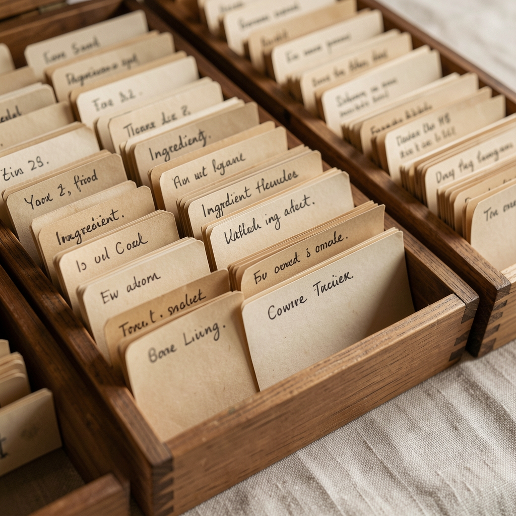 Close-up of a catalogue index card system with handwritten ingredient reference notes filed in wooden card boxes on a natural linen surface