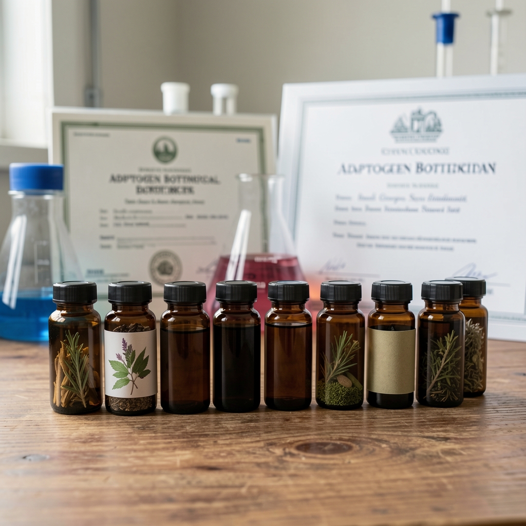 Dark glass vials containing adaptogen botanical extracts lined up on a wooden laboratory bench with ingredient origin certificates visible in the background