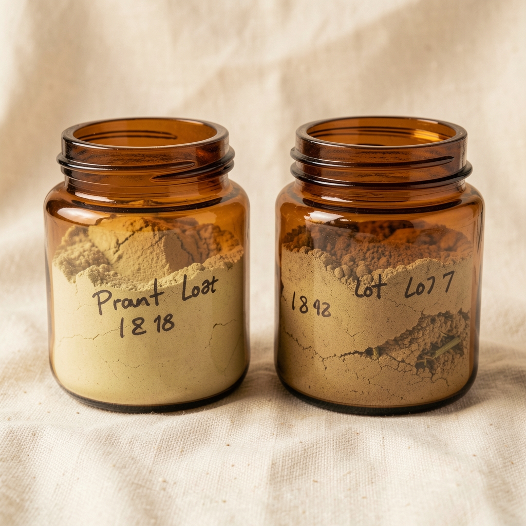 Close-up of amber glass jars containing various plant-based supplement powders labelled with handwritten lot codes against a warm cream linen background